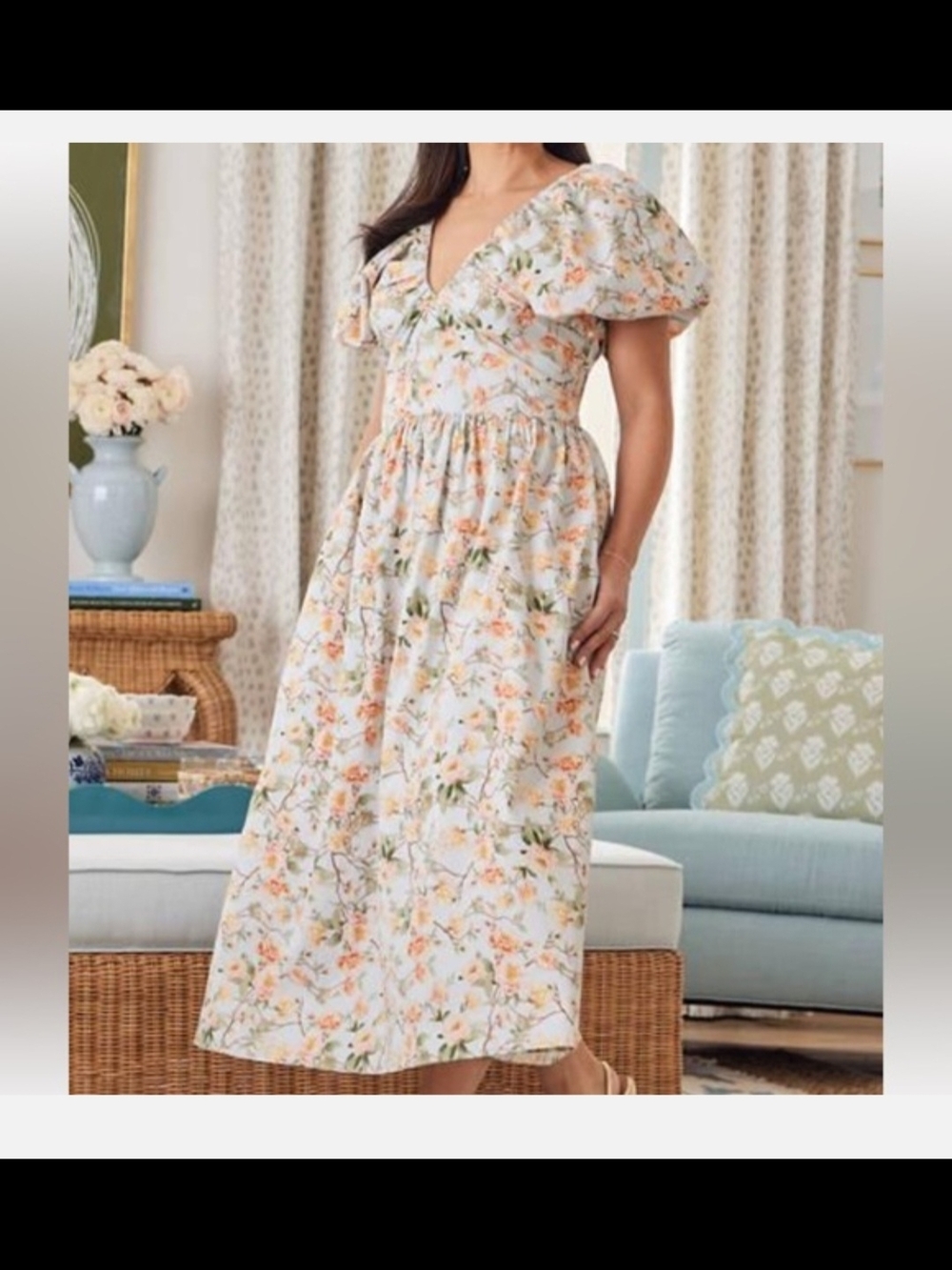 crown & ivy White Floral Puff-Sleeve Maxi Dress with Peach & Green Accents
